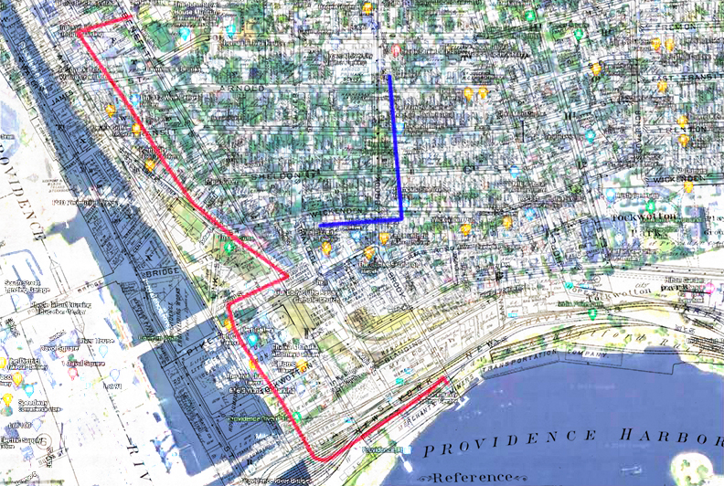 A new and old map of Providence overlayed on top of each other.